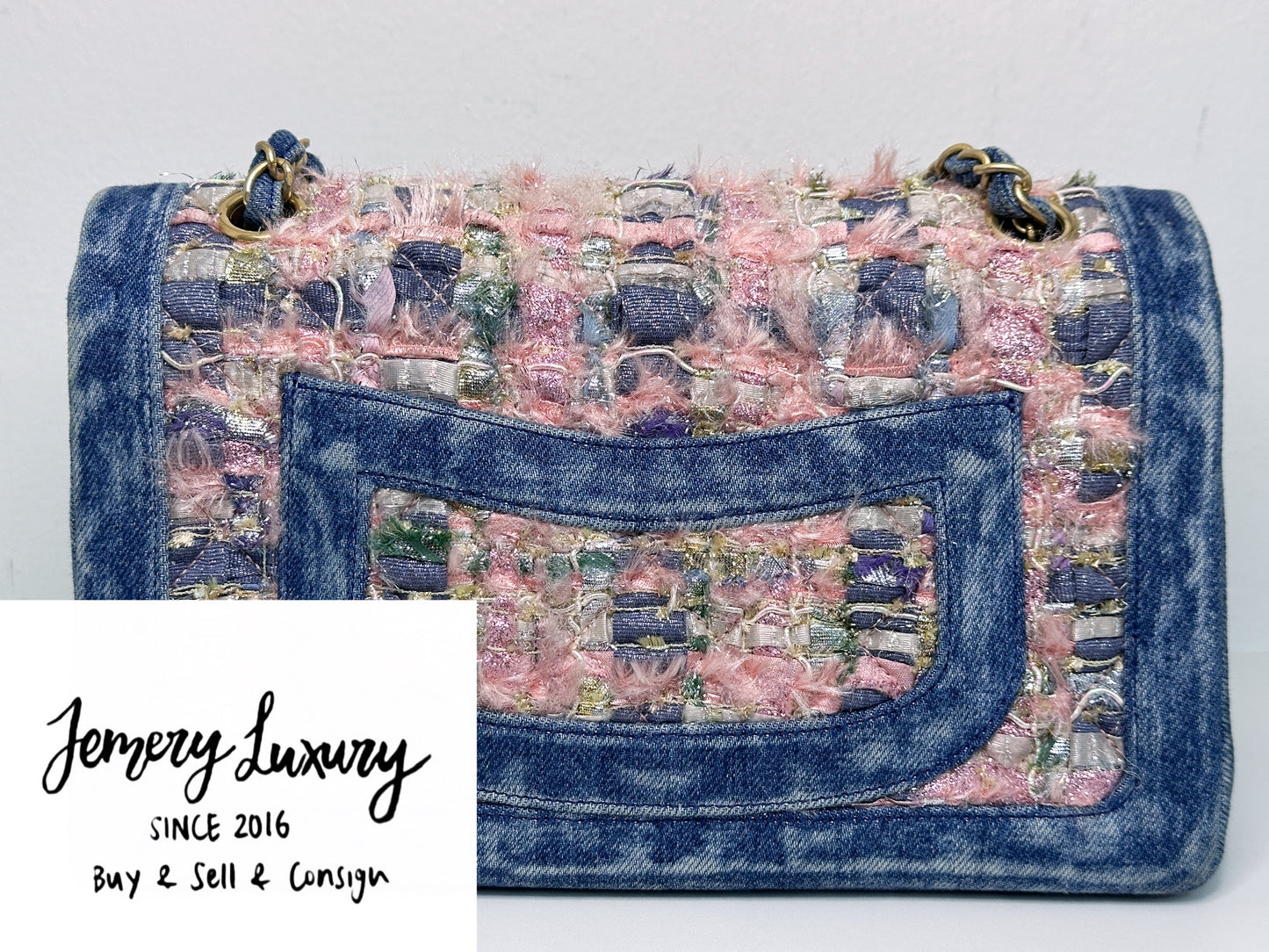 Chanel Pink, Silver, and Gold Tweed and Denim Medium Classic Double Flap Gold Hardware, 2016