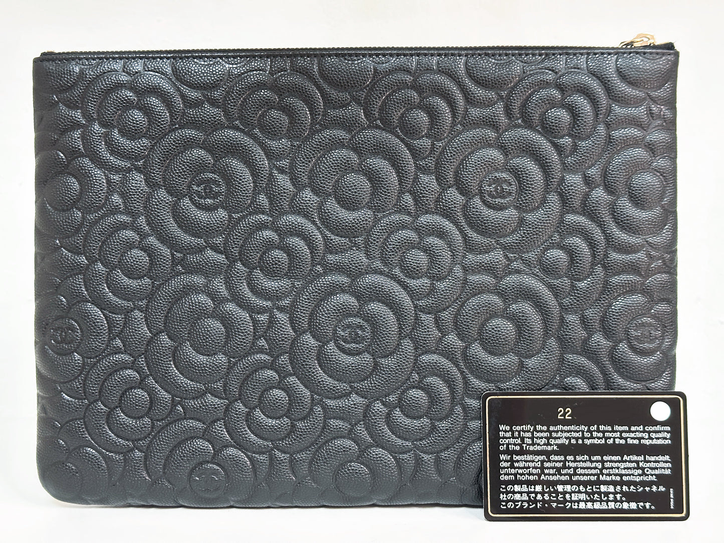 CHANEL Caviar Camellia Embossed Medium Cosmetic Case Black 2285 holo card
