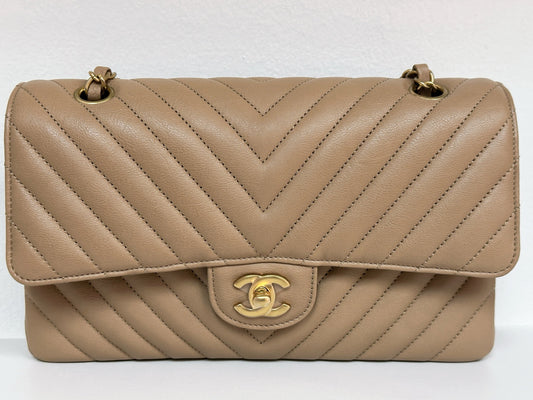 Chanel Calfskin Chevron Quilted Medium Double Flap Beige 2383 holo card