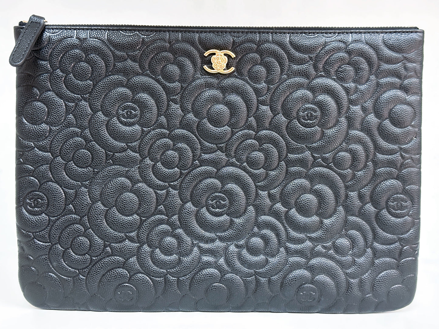 CHANEL Caviar Camellia Embossed Medium Cosmetic Case Black 2285 holo card