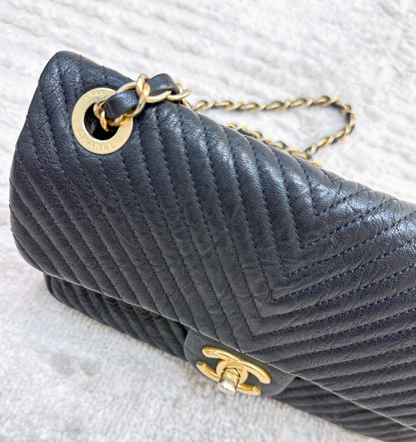 Chanel Black Chevron Leather Small Classic Flap Bag