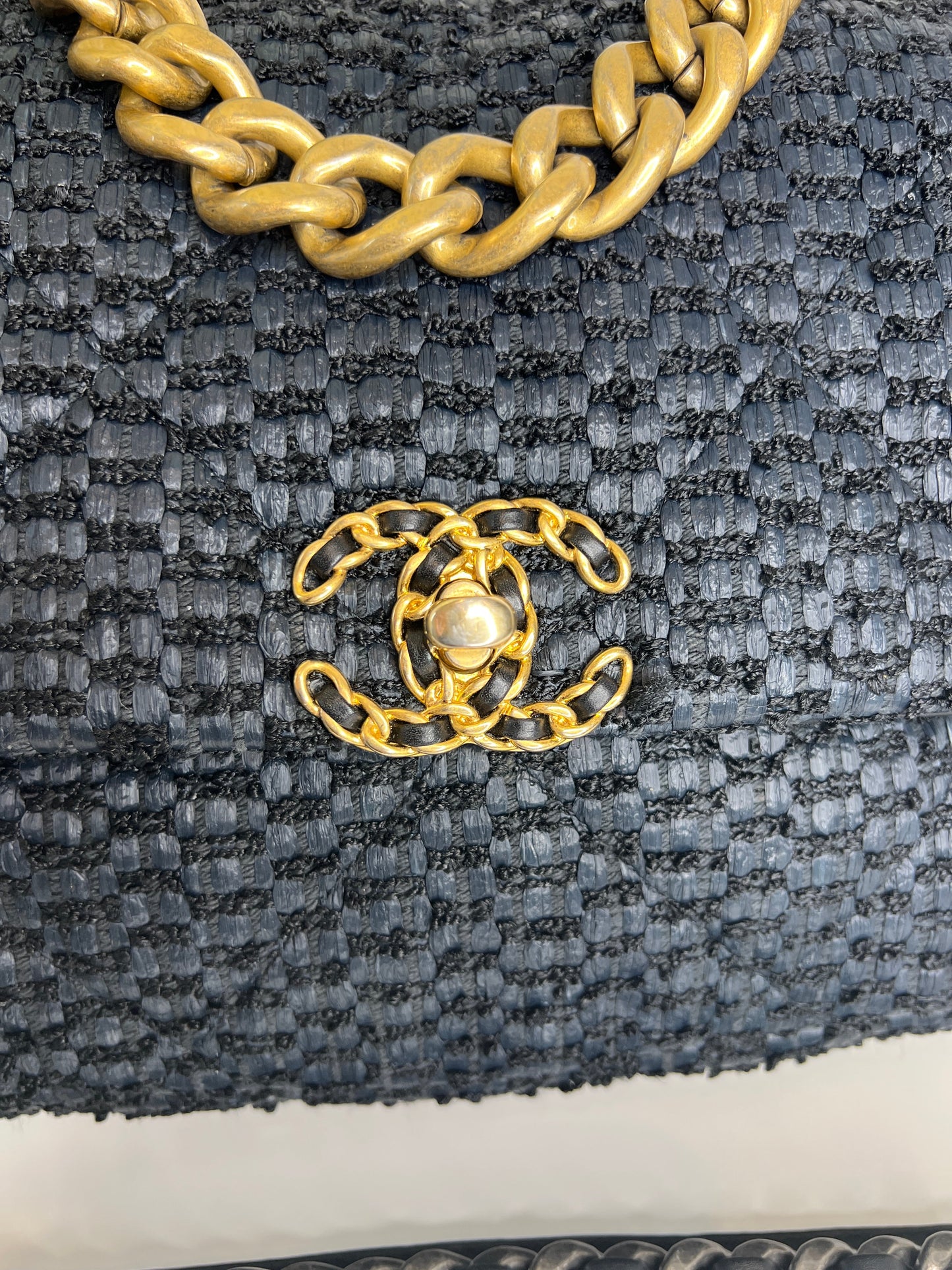 Chanel Preloved Large Chanel 19 Navy Raffia Tweed Flap Bag