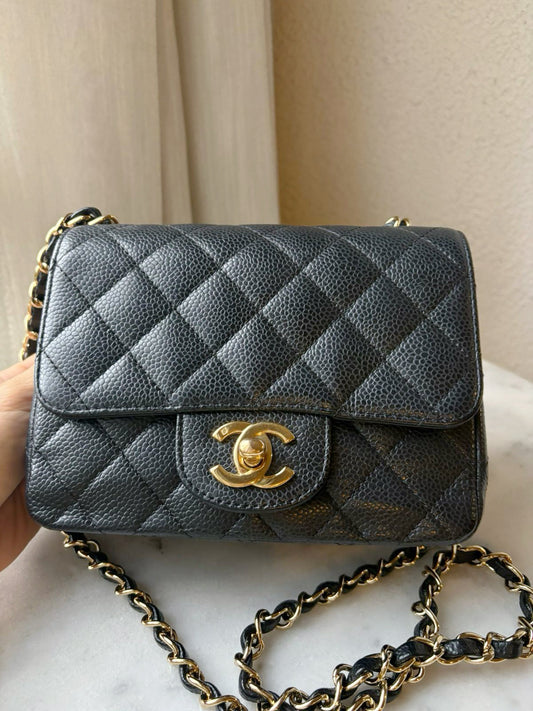 Chanel Mini Square Caviar Flap Bag Black GHW 1203 holo card