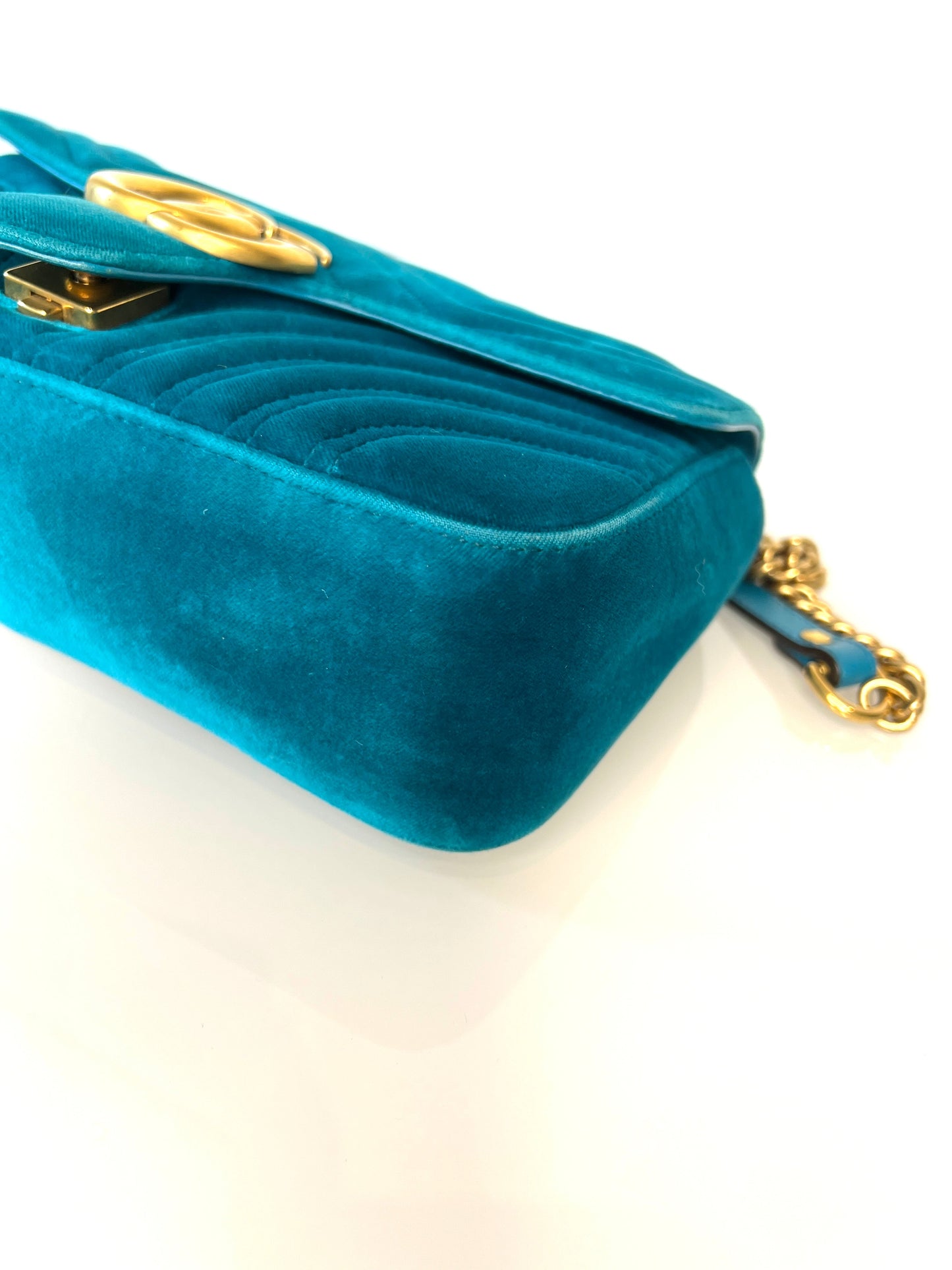 Gucci GG Marmont Small Turquoise Blue Velvet Shoulder Bag - Preloved