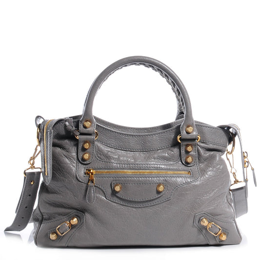 BALENCIAGA AGNEAU LAMBSKIN LEATHER  MEDIUM CITY TOWN GRIS PYRITE BAG