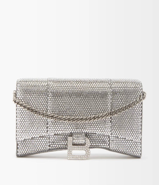 BALENCIAGA SILVER CRYSTAL HOURGLASS CROSSBODY BAG