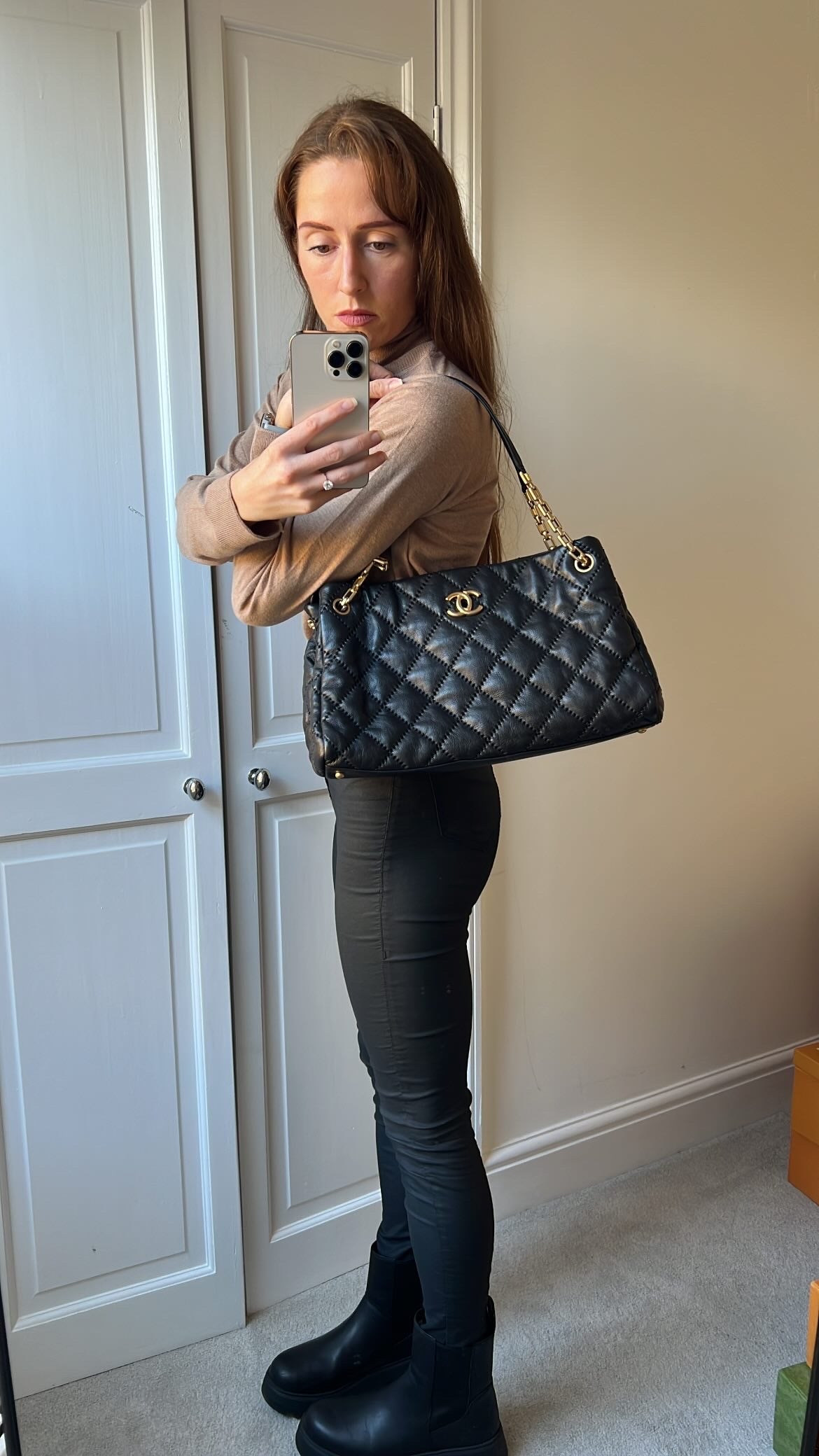Chanel Black Lambskin Retro Tote Bag