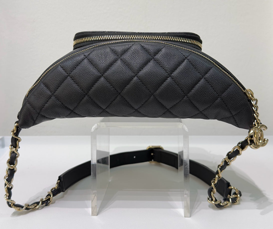 Chanel Black Quilted Caviar Leather Business Affinity Waist Belt Bag 27 holo card