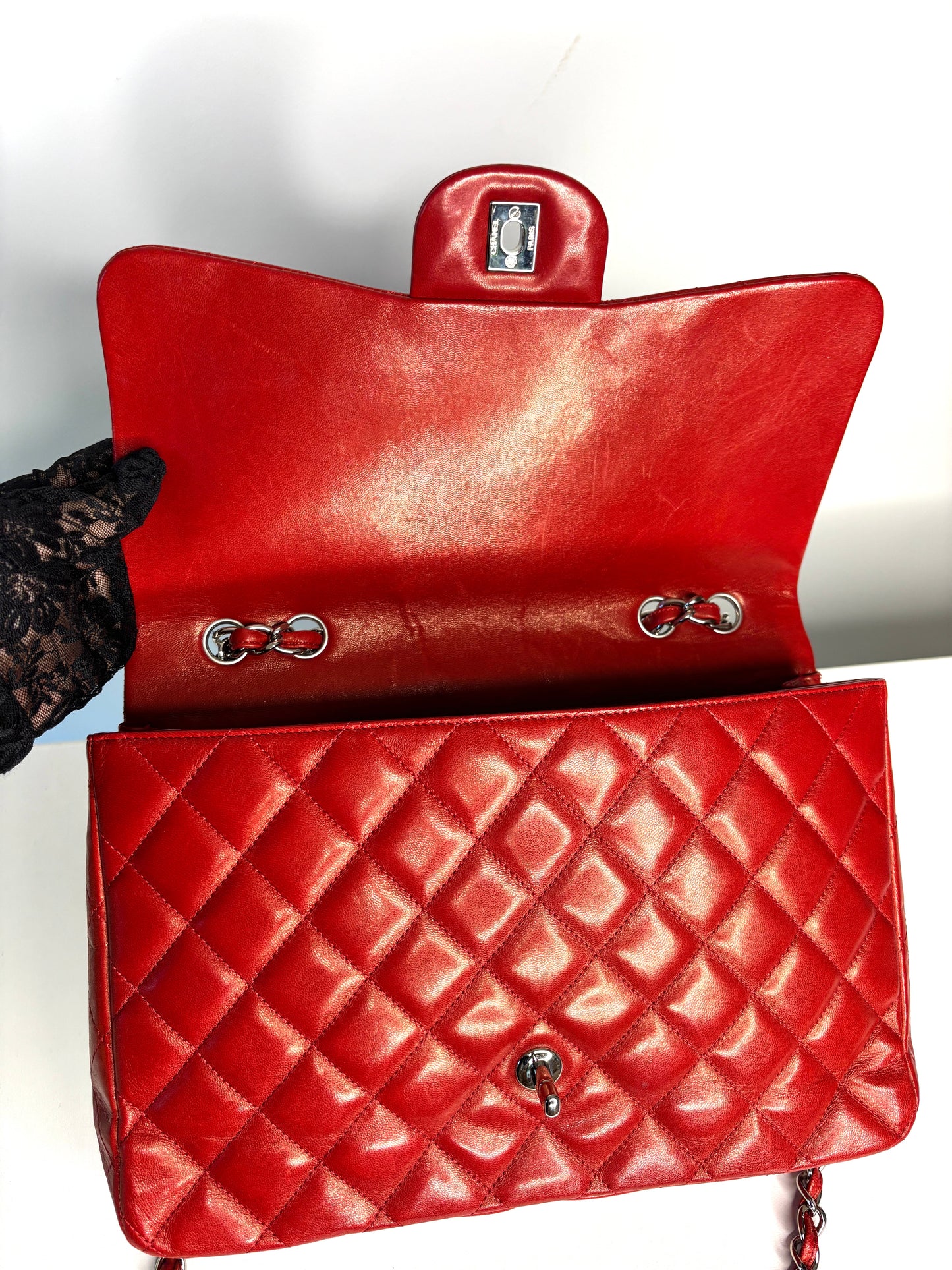 RESERVED  for 24 hrs - Chanel Jumbo Red Lambskin Classic Single Flap Shoulder Bag - Preloved