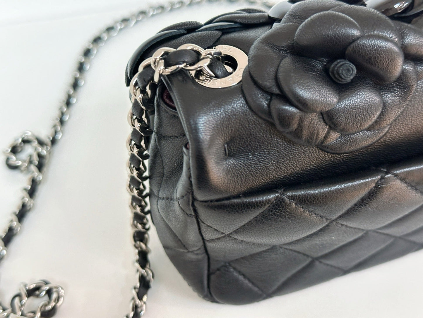 CHANEL Camellia Lambskin Patent Around Flap Crossbody Bag holo card 2246