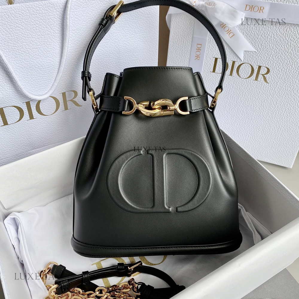 Black C*D-Embossed Calfskin Medium C'Est Dior Bag Leather Bucket Bag for Women