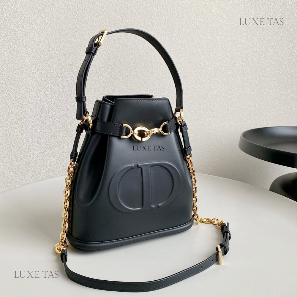 Black C*D-Embossed Calfskin Medium C'Est Dior Bag Leather Bucket Bag for Women
