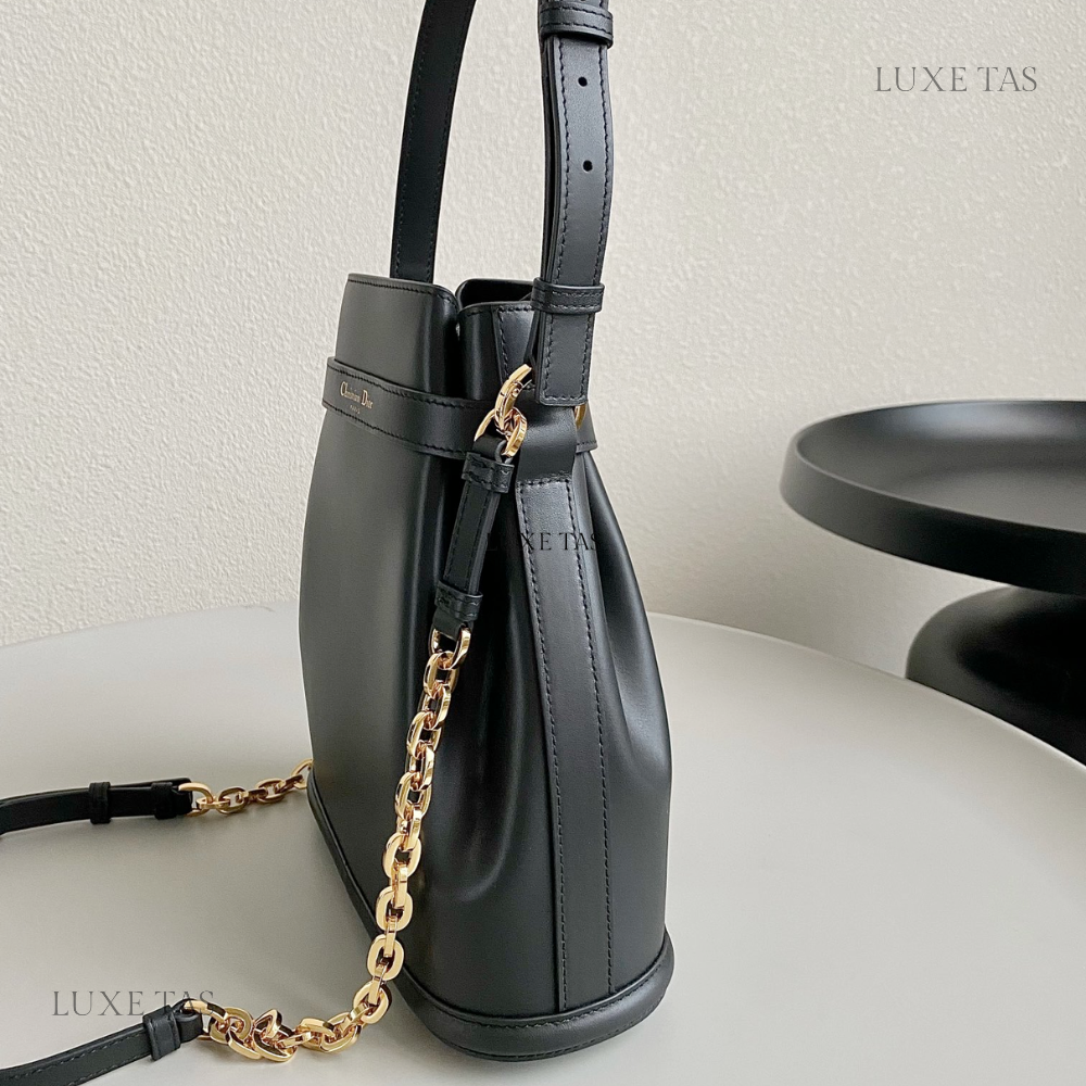 Black C*D-Embossed Calfskin Medium C'Est Dior Bag Leather Bucket Bag for Women