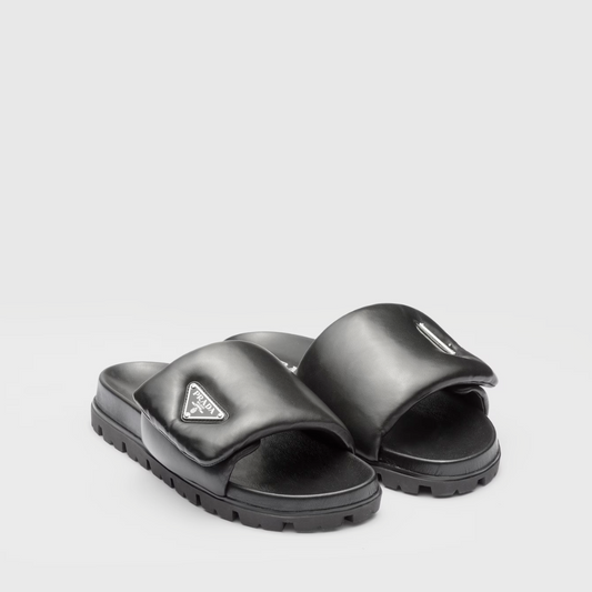Black Soft Padded Nappa Leather Slides - Designer Slides & Sandals for Women