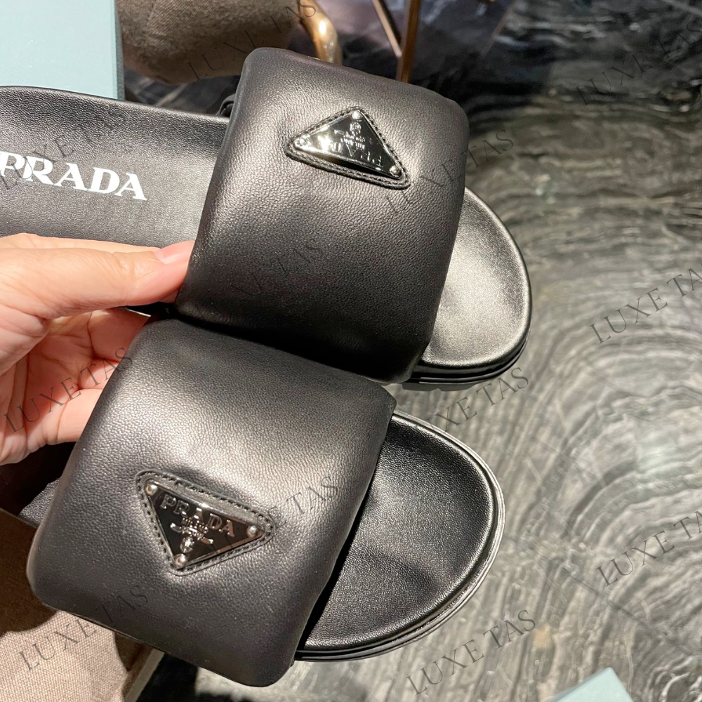 Black Soft Padded Nappa Leather Slides - Designer Slides & Sandals for Women