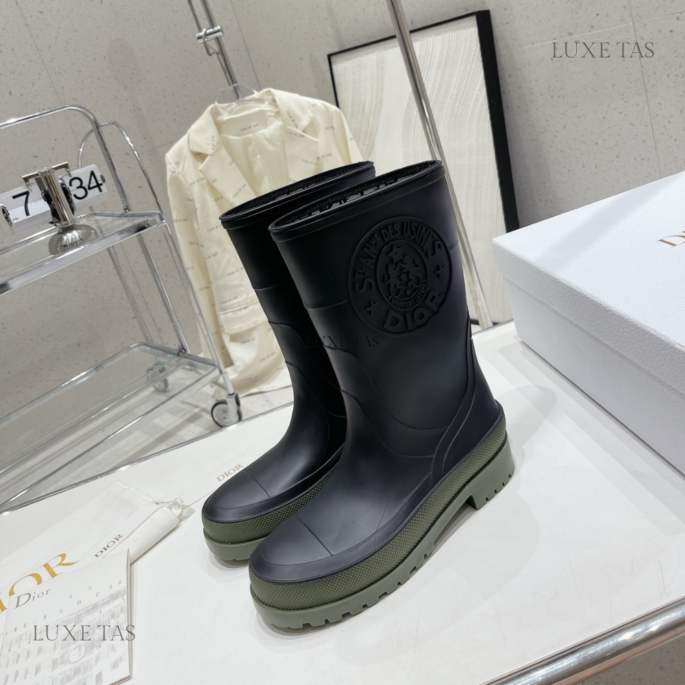 Black and Khaki Two-Tone Rubber DRunion Rain Boot  - Designer Boots & Ankle Boots for Women
