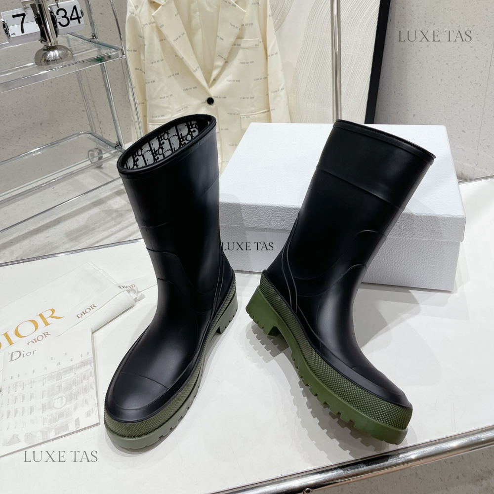 Black and Khaki Two-Tone Rubber DRunion Rain Boot  - Designer Boots & Ankle Boots for Women