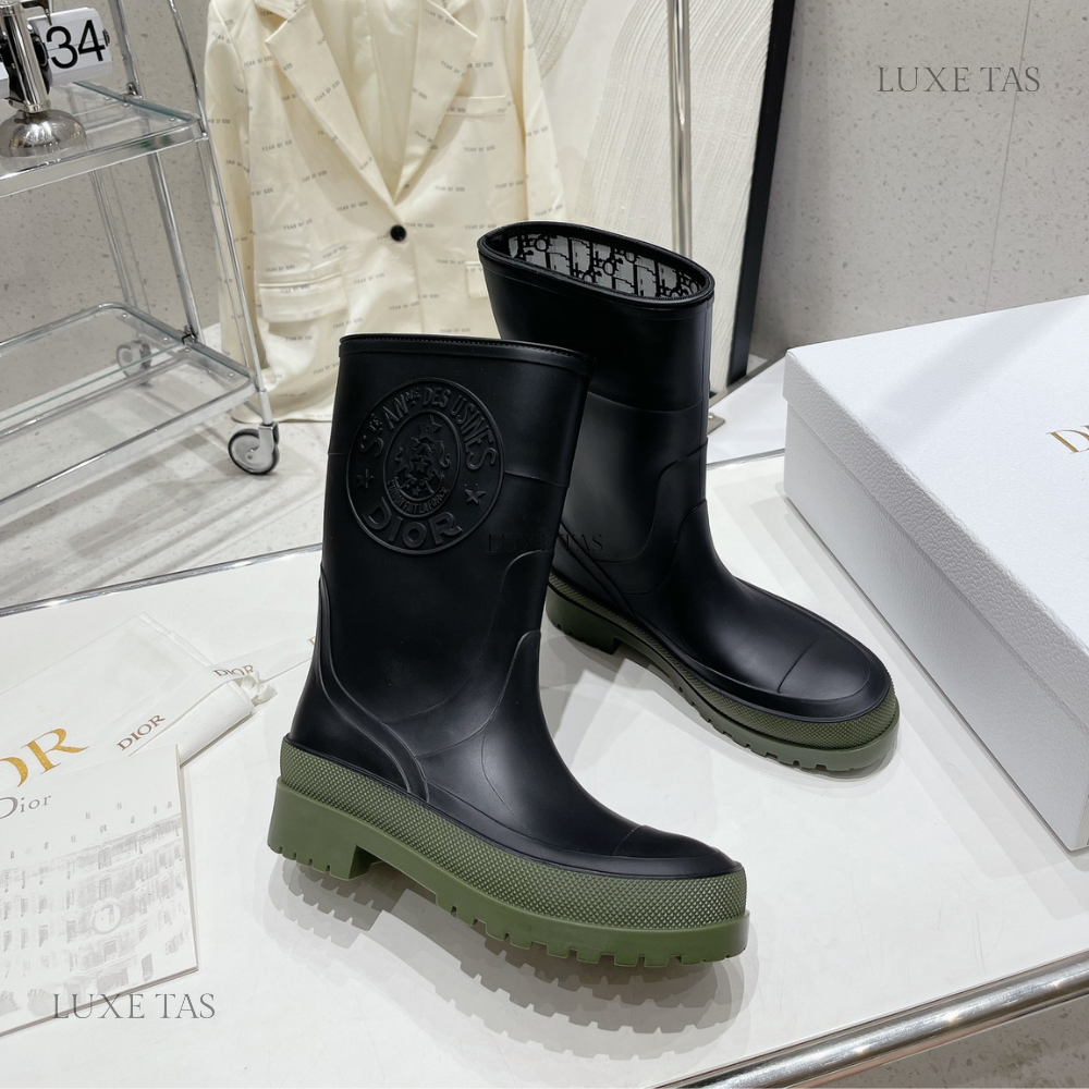 Black and Khaki Two-Tone Rubber DRunion Rain Boot  - Designer Boots & Ankle Boots for Women