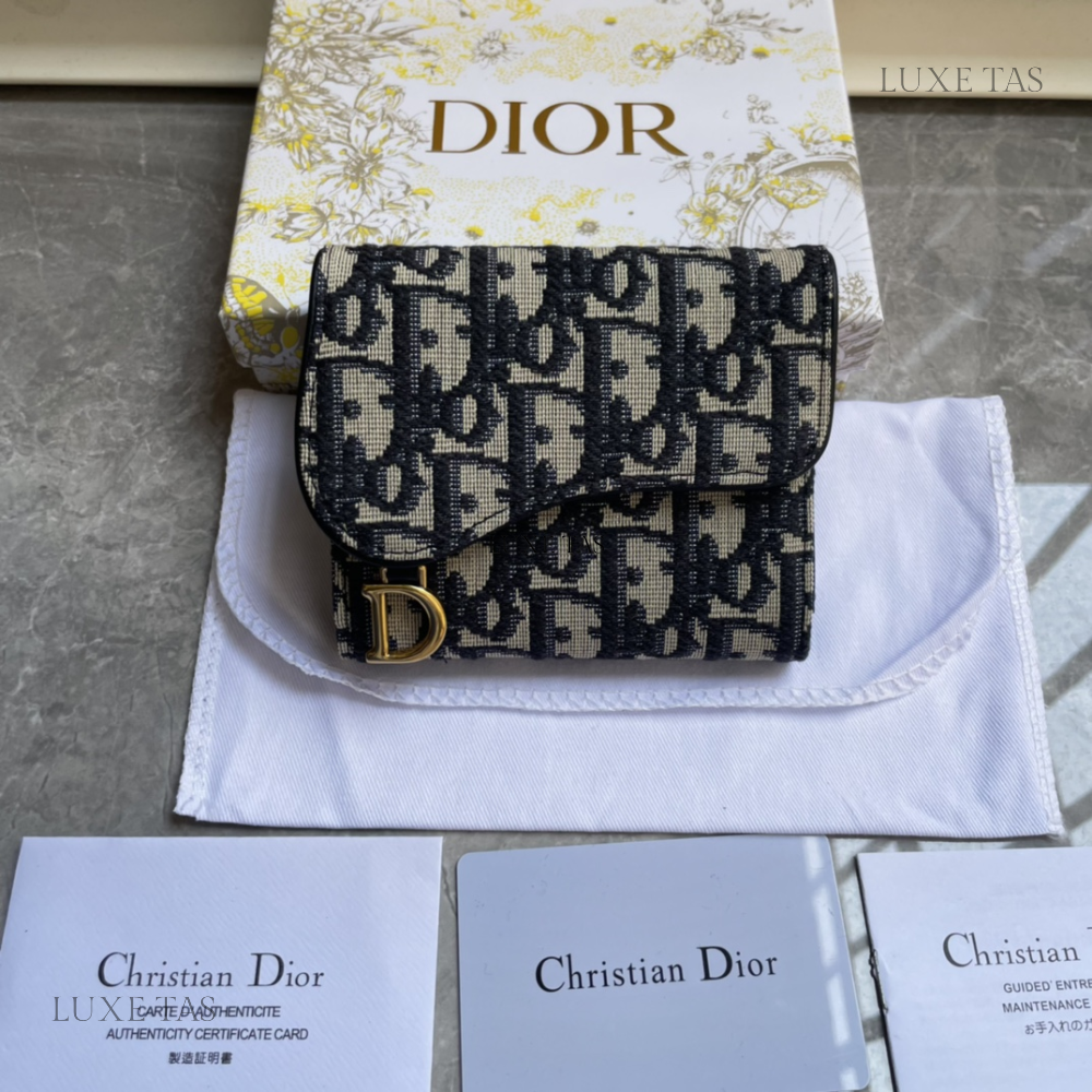 Blue Dior Oblique Jacquard Dior Oblique Jacquard Saddle Flap Card Holder Leather Wallet for Women