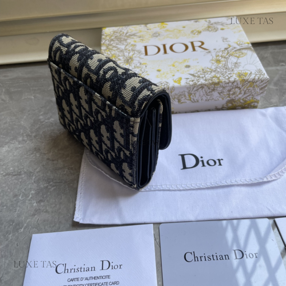 Blue Dior Oblique Jacquard Dior Oblique Jacquard Saddle Flap Card Holder Leather Wallet for Women