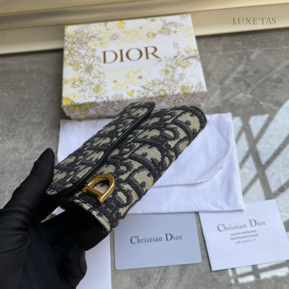 Blue Dior Oblique Jacquard Dior Oblique Jacquard Saddle Flap Card Holder Leather Wallet for Women