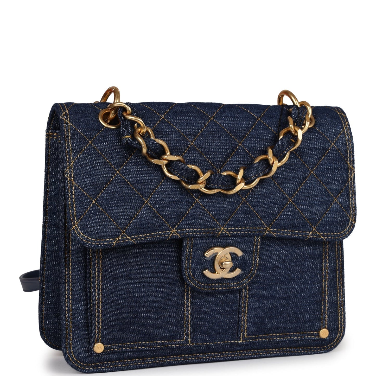 Chanel Square Flap Backpack Blue Denim Antique Gold Hardware