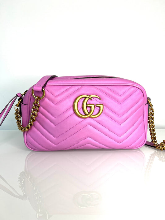 Gucci GG Marmont Small Pink Leather Camera Shoulder Bag - Preloved