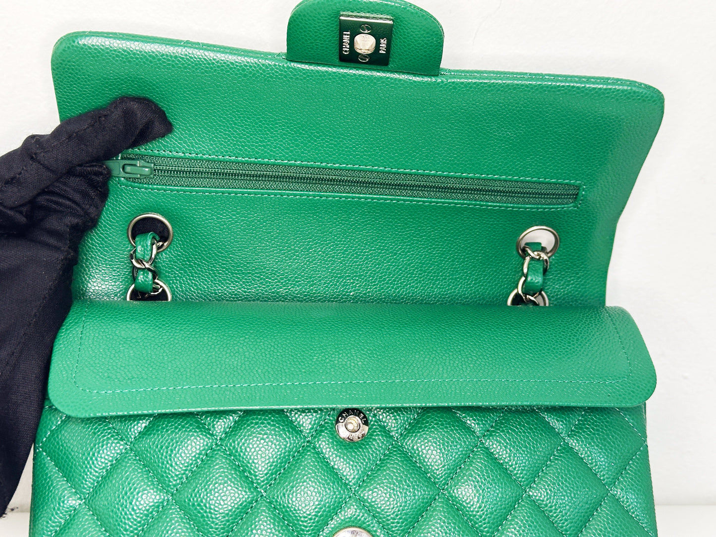 CHANEL 20B Green Classic Small Double Flap Bag SHW 3050 holo card