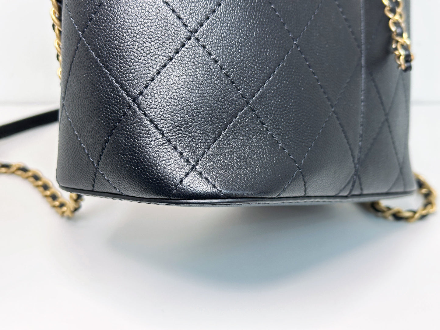 Chanel Drawstring Bucket Bag Quilted Black Caviar Aged Gold Hardware 3088 holo card