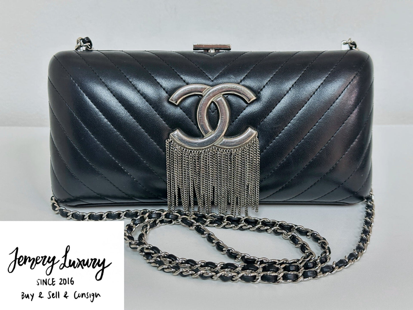 Chanel Chevron Metallic Fringe Clutch 2572 holo card