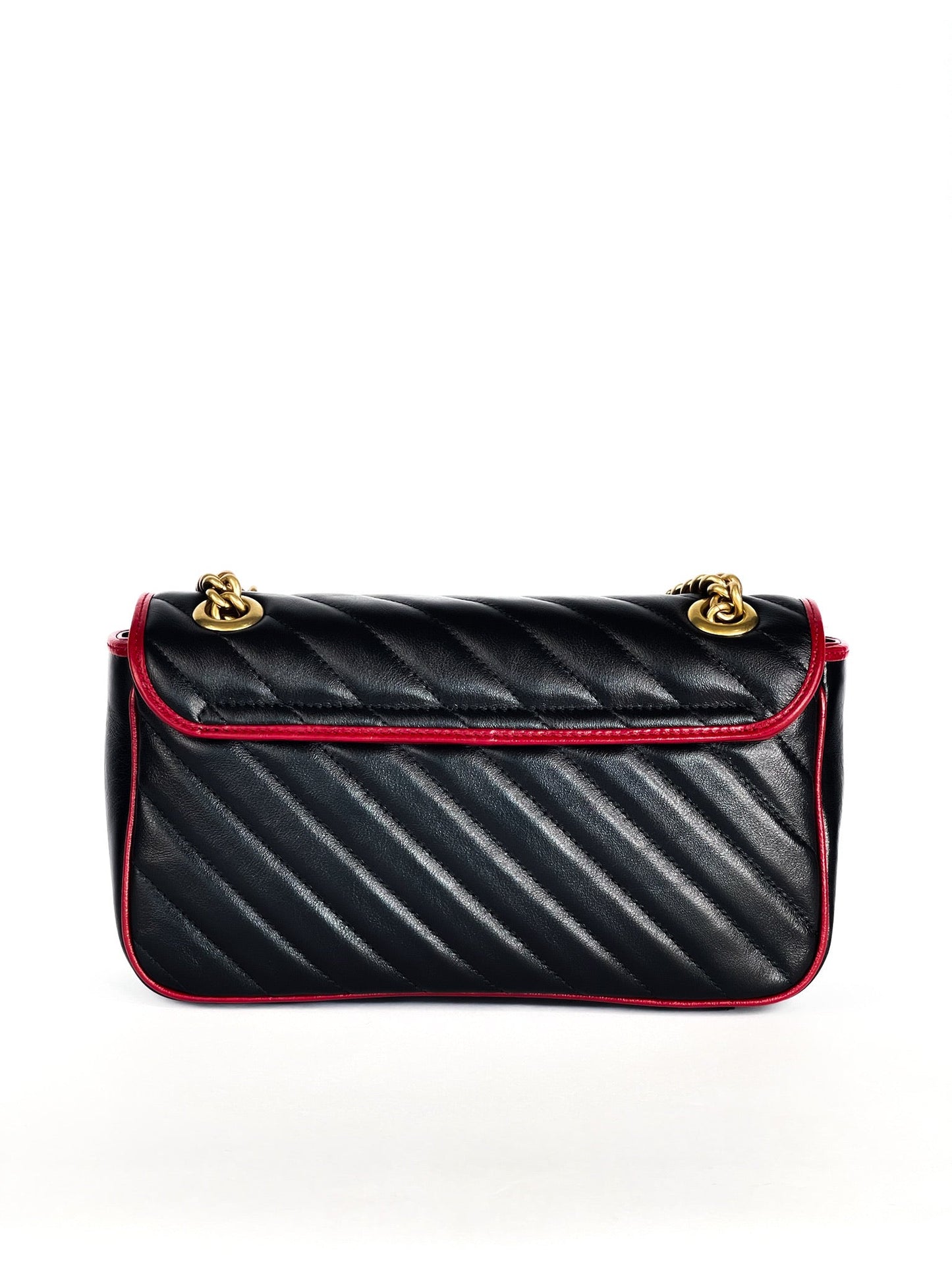 Gucci Calfskin Matelasse Diagonal Small Torchon GG Marmont Shoulder Bag Black Romantic Cherry