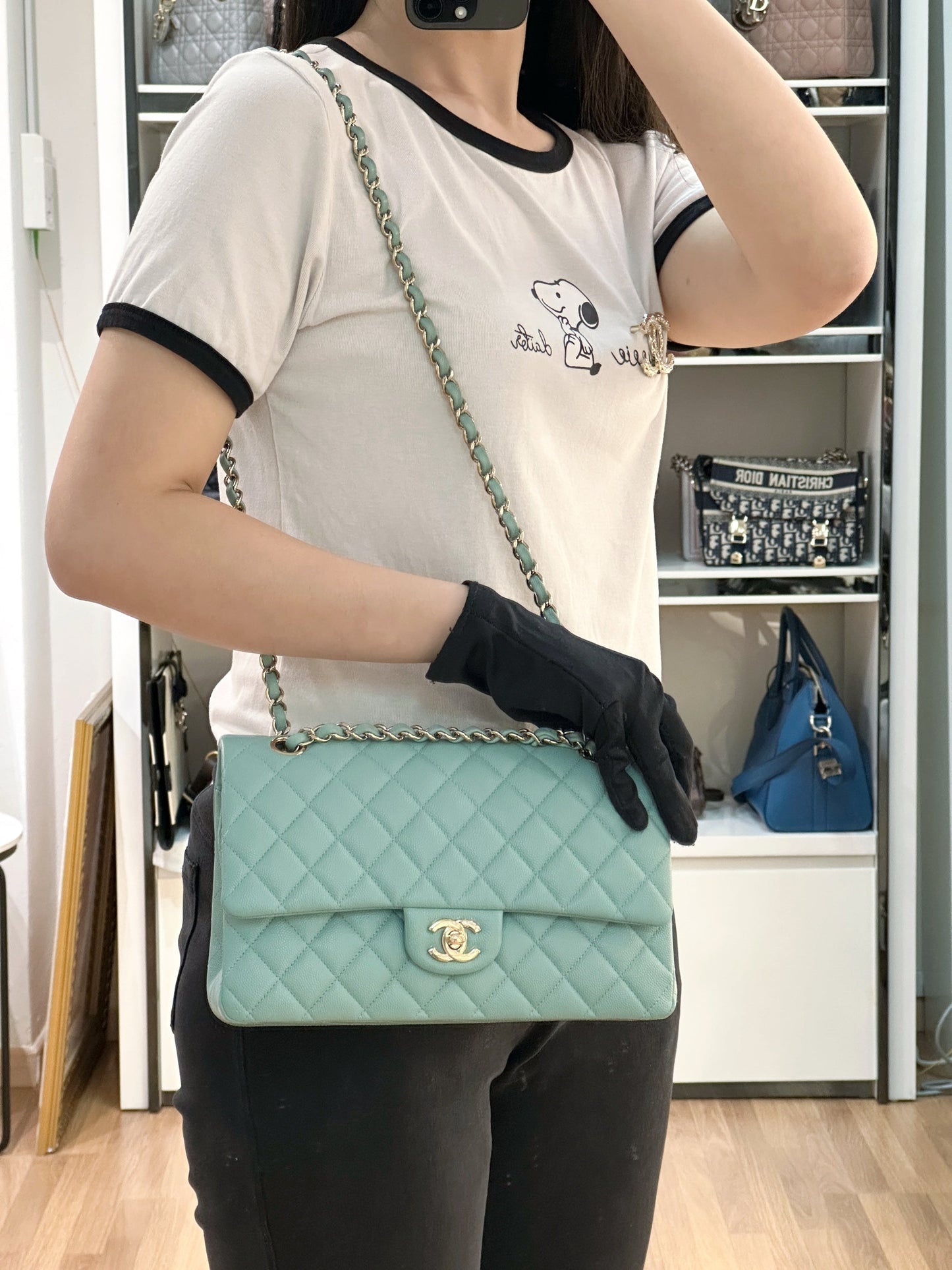 Chanel Classic Flap Medium 20C Tiffany Blue Caviar Light Gold Hardware 2943 holo card