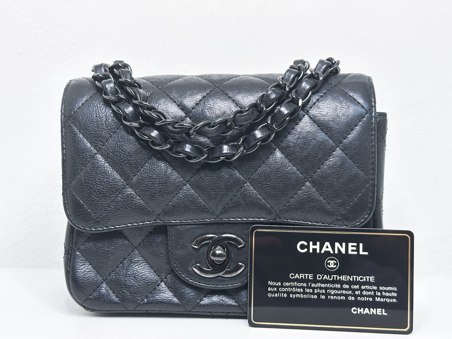 Chanel Quilted Mini Square Flap So Black Crumpled Calfskin 2417 holo card