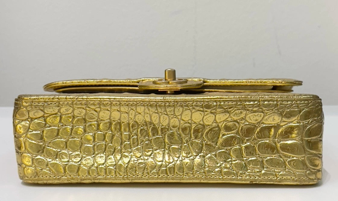 Chanel Medium  Calfskin Crocodile Embossed  Gold Metallic Flap Bag
