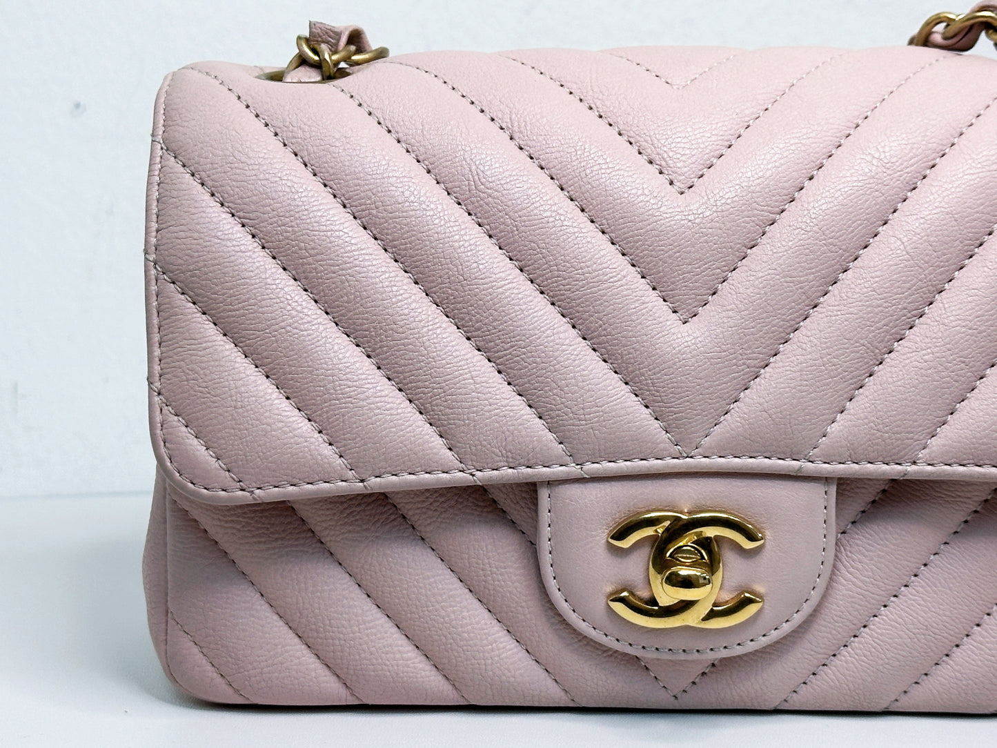 Chanel Classic Mini Rectangular 17C Light Pink Chevron Calfskin with brushed gold hardware ⁣⁣2383 holo card