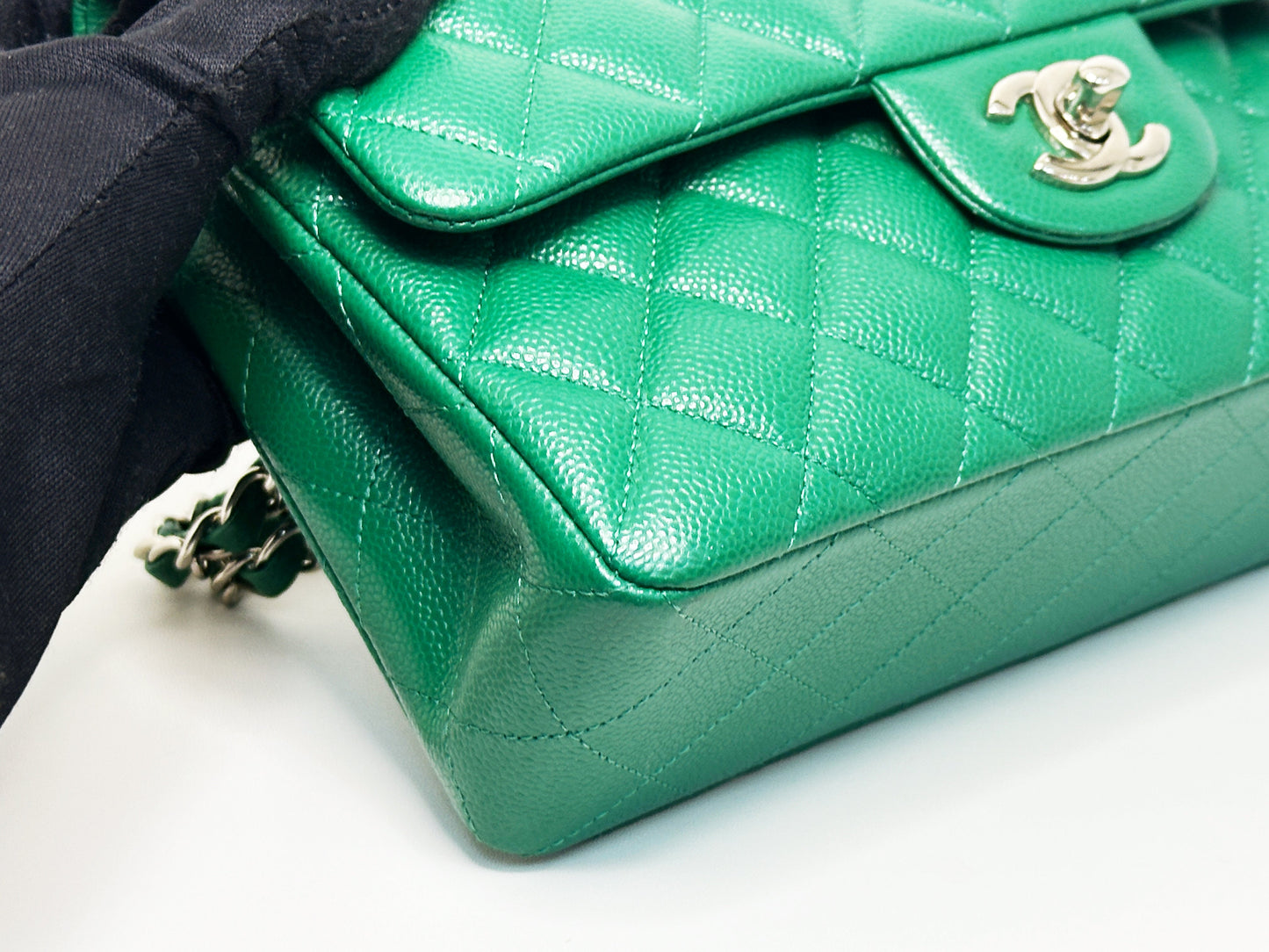 CHANEL 20B Green Classic Small Double Flap Bag SHW 3050 holo card