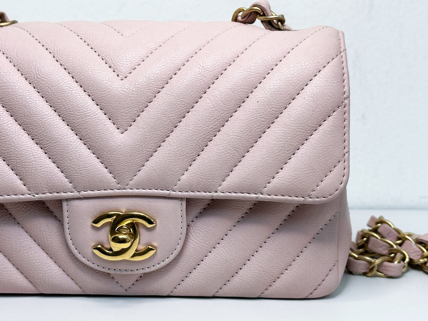 Chanel Classic Mini Rectangular 17C Light Pink Chevron Calfskin with brushed gold hardware ⁣⁣2383 holo card