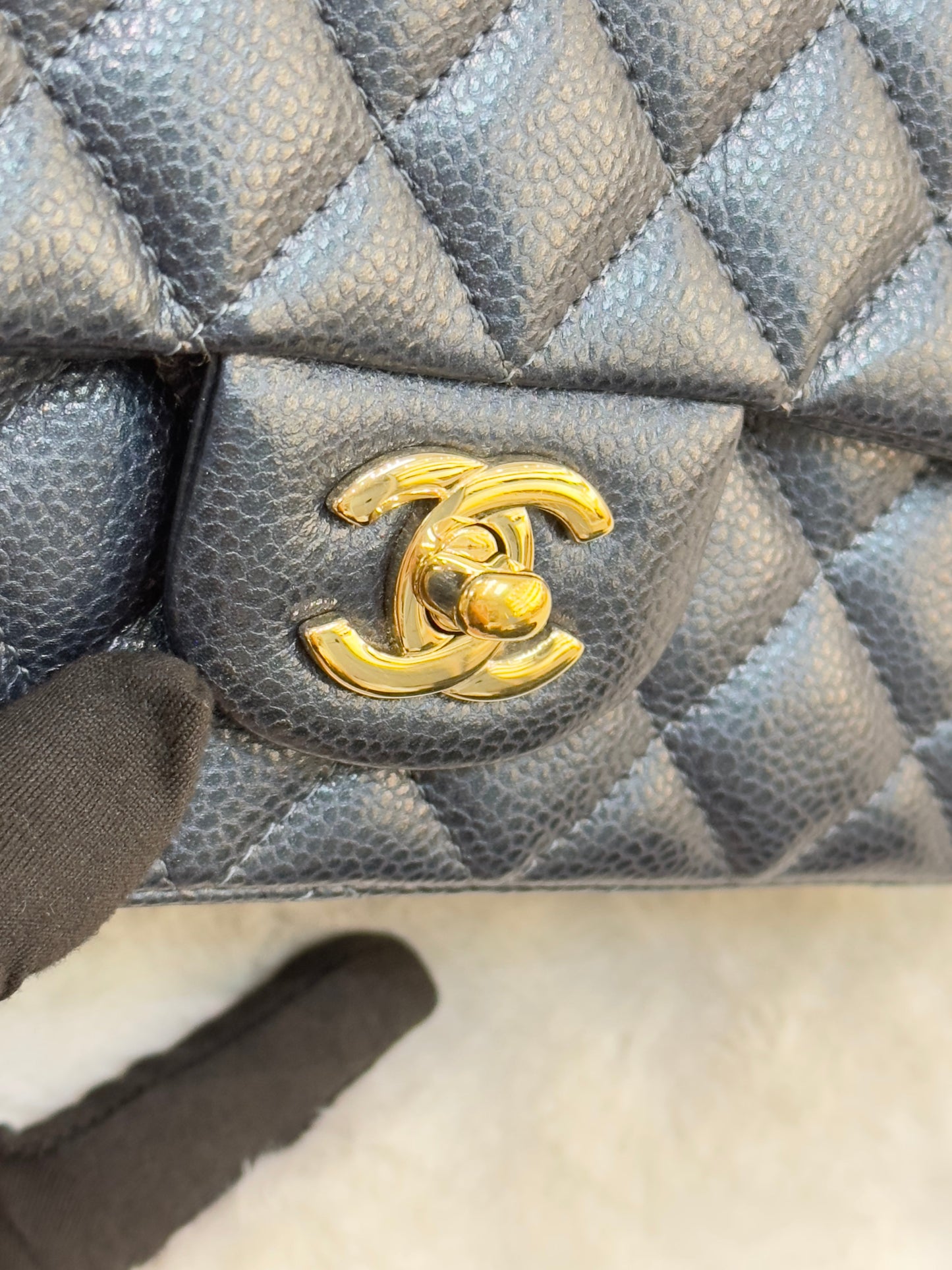 CHANEL Pearly Caviar Quilted Mini Rectangular Flap Navy Blue 18S