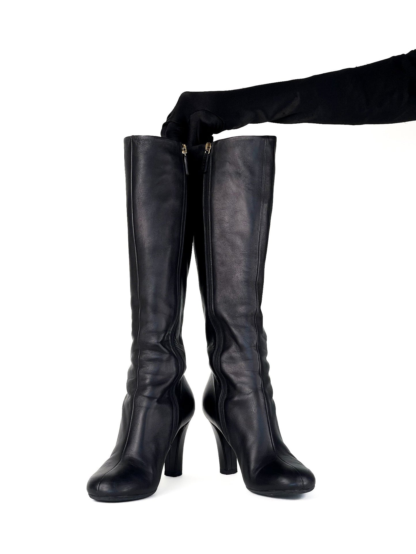Gucci Black Leather Interlocking G Knee Length Boots Size 35