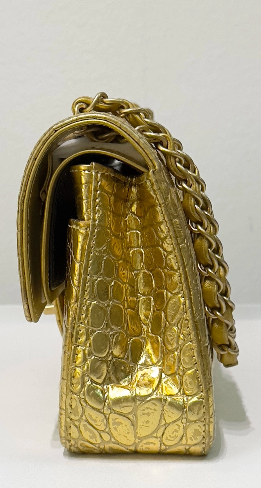 Chanel Medium  Calfskin Crocodile Embossed  Gold Metallic Flap Bag