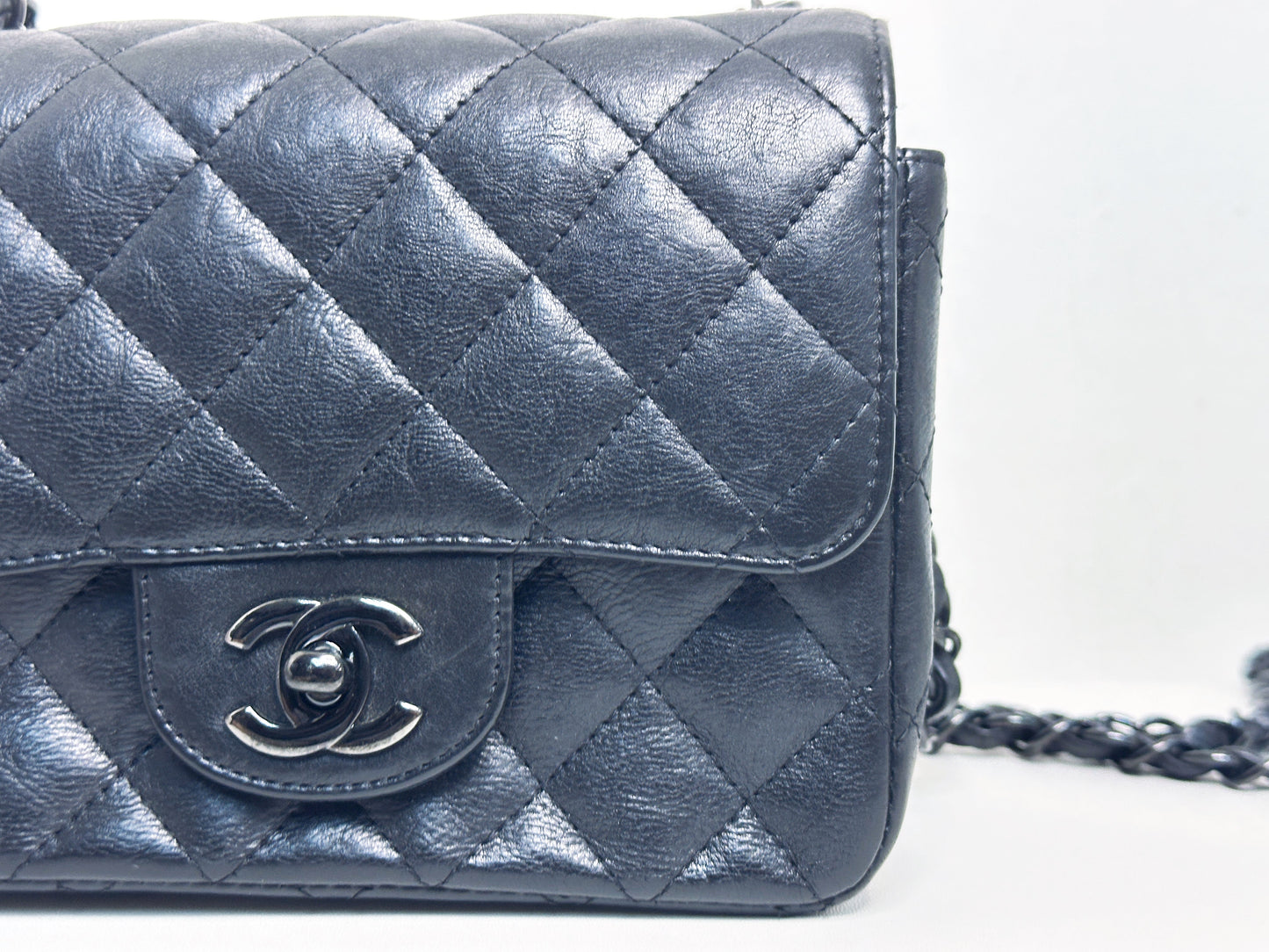 Chanel Quilted Mini Square Flap So Black Crumpled Calfskin 2417 holo card