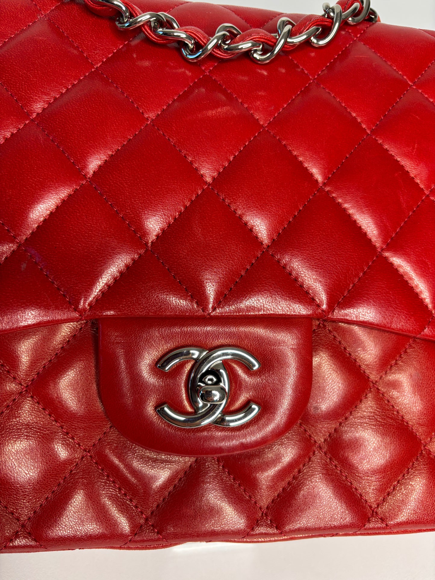 RESERVED  for 24 hrs - Chanel Jumbo Red Lambskin Classic Single Flap Shoulder Bag - Preloved