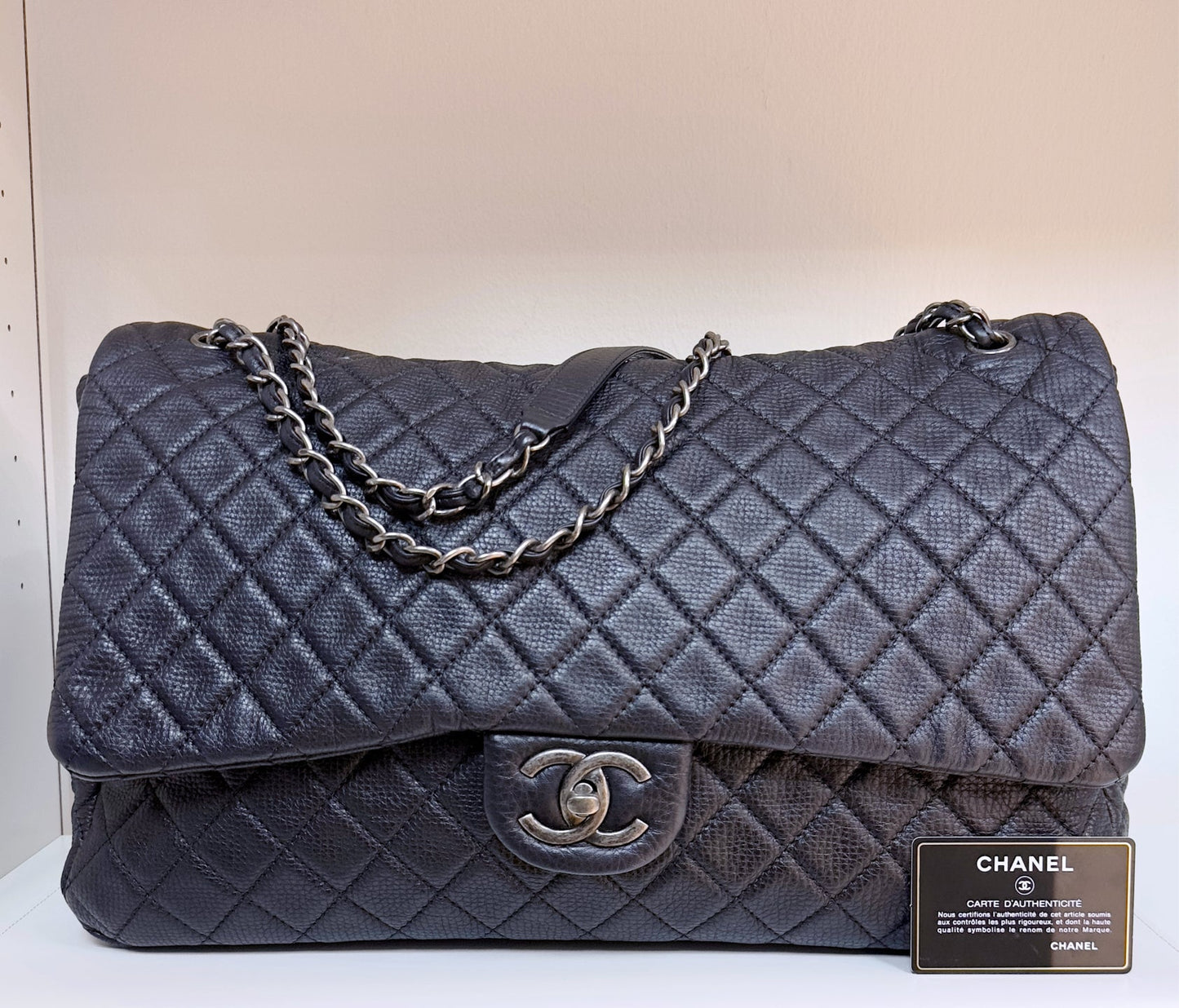 Chanel Calfskin Quilted XXL Travel Flap Bag Black 3038 holo card
