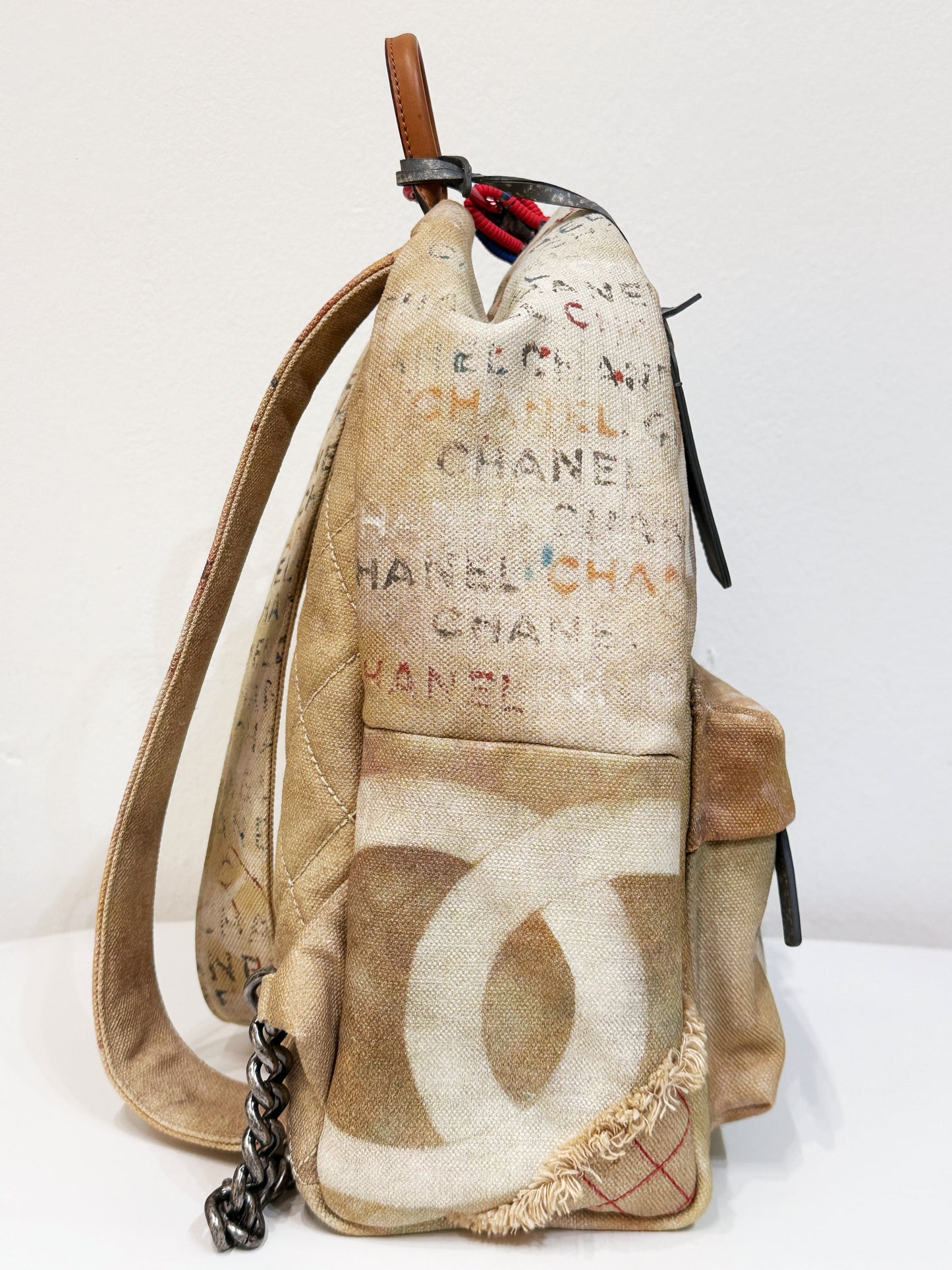 Chanel Graffiti Printed Canvas Medium Backpack Beige 1958 holo card