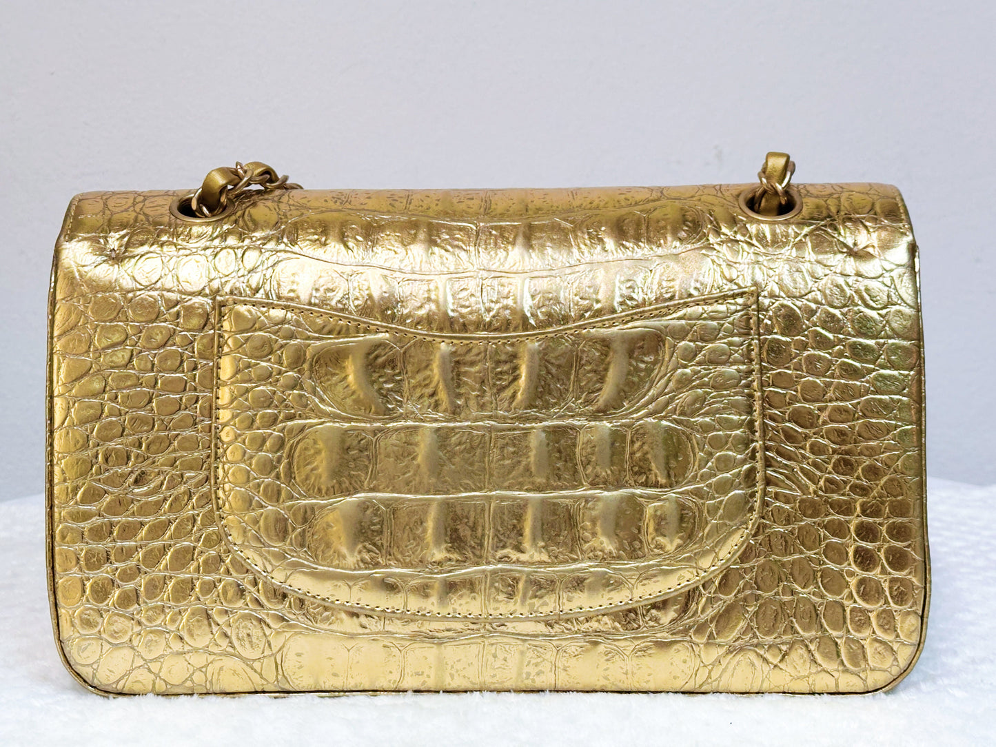 Chanel 19A Medium Calfskin Crocodile Embossed Gold Metallic Flap Bag 2803 holo card