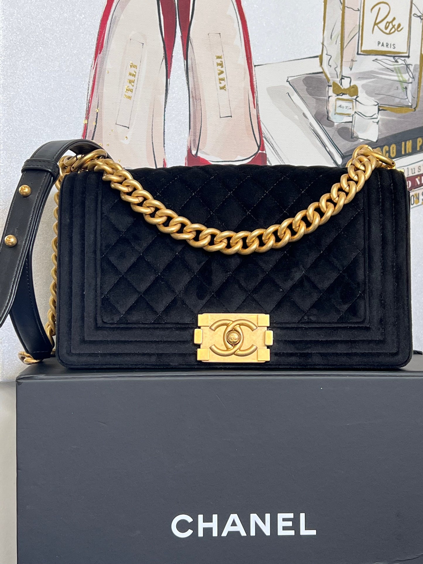 CHANEL MEDIUM BOY FLAP QUILTED VELVET BAG