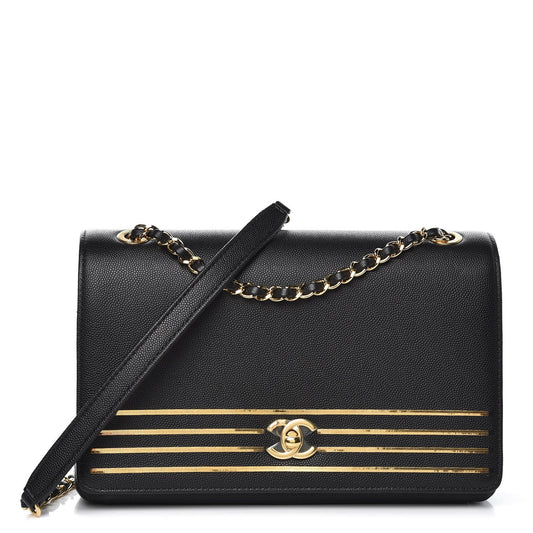 CHANEL MEDIUM CAPTAIN GOLD EMBROIDERED CAVIAR FLAP BAG