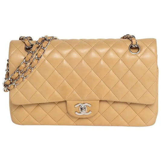 CHANEL QUILTED LAMBSKIN DOUBLE FLAP BEIGE SHOULDER BAG