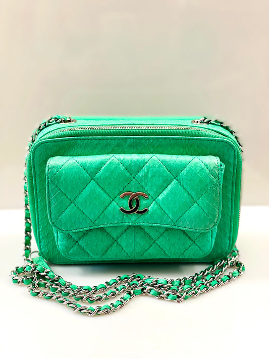 CHANEL DOUBLE ZIP SNAKESKIN EMBOSSED LEATHER SMALL CAMERA BAG