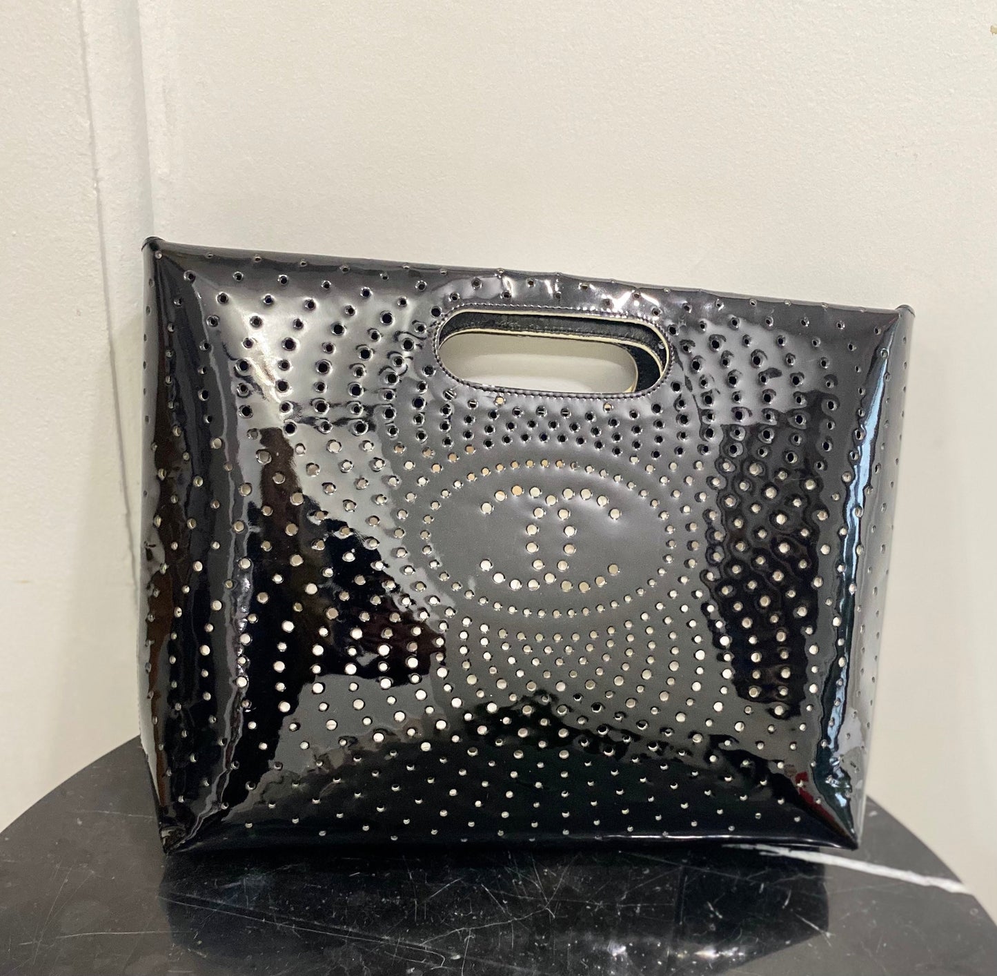 CHANEL CC PERFORATED PATENT CLUTCH BAG